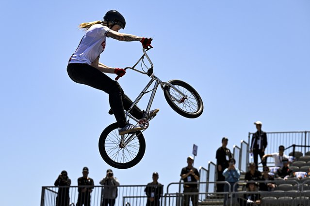 Charlotte Worthington of Great Britain competes during the Cycling BMX Freestyle Women's Park Qualification on day two during the Olympic Qualifier Series on on May 17, 2024 in Shanghai, China. (Photo by Fred Lee/Getty Images)