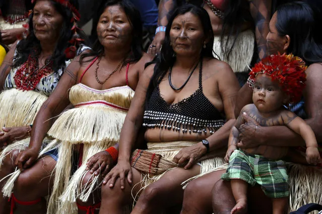 A Munduruku attend a meeting of indigenous leaders and family with the press and researchers, at the University of Brasilia, Brazil, Thursday, November 21, 2019. The Munduruku leaders of the Amazon are in Brasilia to denounce Brazil's President Jair Bolsonaro as he intends to approve mining activities on indigenous lands. (Photo by Eraldo Peres/AP Photo)
