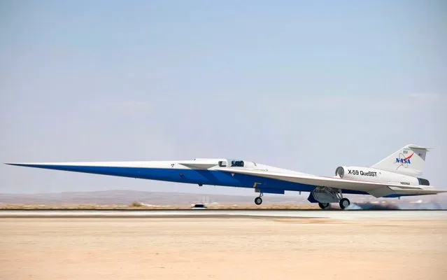 This undated illustration released by NASA on December 16, 2019 shows the completed X-59 QueSST landing on a runway at Edwards Air Force Base, California. NASA’s first large scale, piloted X-plane in more than three decades is cleared for final assembly and integration of its systems following a major project review by senior managers held Thursday at NASA Headquarters in Washington NASA’s first large scale, piloted X-plane in more than three decades is cleared for final assembly and integration of its systems following a major project review by senior managers held December 12, 2019 at NASA Headquarters in Washington,DC. (Photo by Jet Fabara/NASA/AFP Photo)