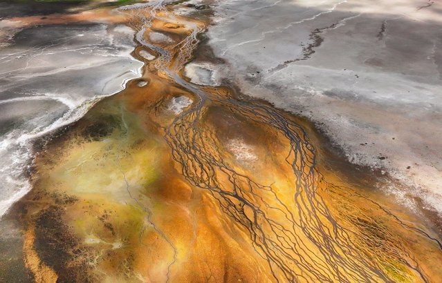 An aerial view of Lake Ladik that has been shrinking recently due to the impact of drought in Samsun, Turkiye on August 16, 2024. (Photo by Muhammed Enes Yildirim/Anadolu via Getty Images)