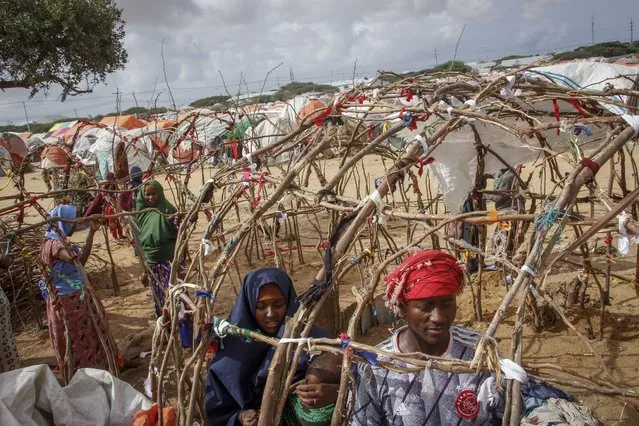 A Somali man and his wife who fled drought-stricken areas build the frame of a makeshift shelter at a camp for the displaced on the outskirts of Mogadishu, Somalia Saturday, June 4, 2022. Deaths have begun in the region's most parched drought in decades and previously unreported data show nearly 450 deaths this year at malnutrition treatment centers in Somalia alone. (Photo by Farah Abdi Warsameh/AP Photo)