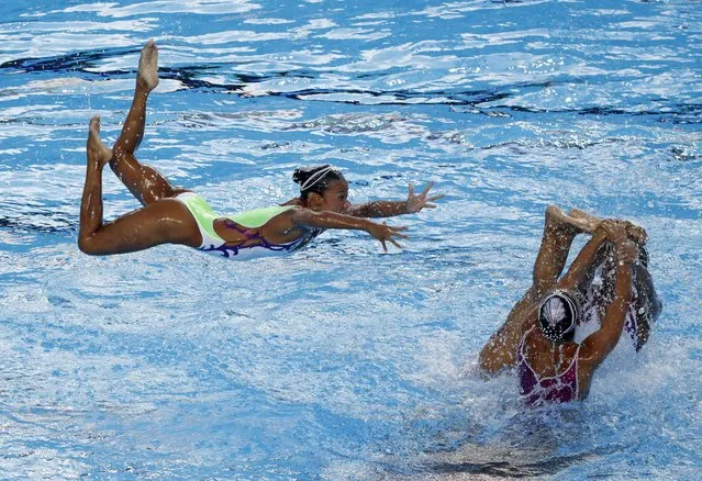 Team Japan competes in the Women' s Free Combination Preliminary round during the synchronised swimming competition at the 2017 FINA World Championships in Budapest, on July 20, 2017. Japan finished the 4th place in the event. (Photo by Bernadett Szabo/Reuters)