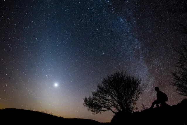 The Zodiacal light (L) with the Venus and the Milky Way (R) appear near the top of the Three-Stone Hill on the Bukk Plateau, near Felsotarkany, 137 kilometers northeast of Budapest, Hungary, late 16 February 2017. The Zodiacal light, a cone-shaped faint hazy shine seen above the western horizon after sunset or in the east before sunrise, apparently caused by the reflection of sunshine from the interplanetary dust particles of the zodiacal cloud. The phenomenon can be observed mainly in February and March after sunset from the areas of Temperate Zone of the Earth. (Photo by Peter Komka/EPA)