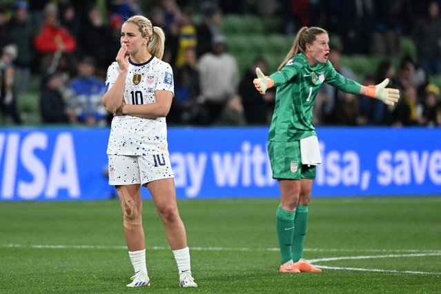 USA's midfielder #10 Lindsey Horan (L) and USA's goalkeeper #01 Alyssa Naeher (R) react at the end of the Australia and New Zealand 2023 Women's World Cup round of 16 football match between Sweden and USA at Melbourne Rectangular Stadium in Melbourne on August 6, 2023. (Photo by William West/AFP Photo)