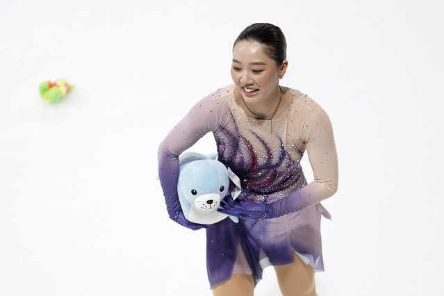 Wakaba Higuchi, of Japan, smiles after competing in the women's free skating segment at the ISU Grand Prix of Figure Skating, Saturday, November 2, 2024, in Angers, France. (Photo by Aurelien Morissard/AP Photo)