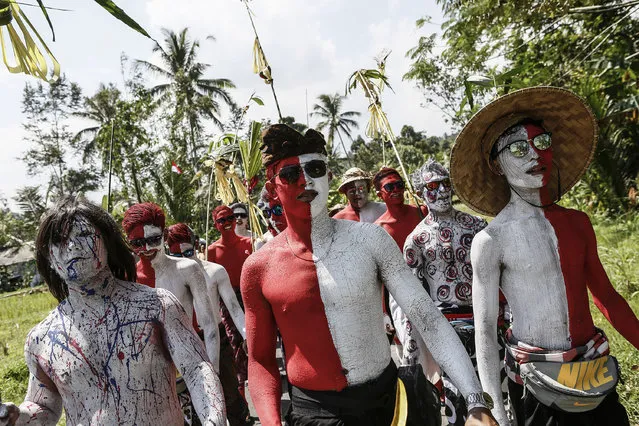 Young members of the village community walk around the village with their bodies painted during the Grebeg Ritual on on August 19, 2015 in Tegallalang village, Gianyar, Bali, Indonesia. During the biannual ritual, young members of the community parade through the village with painted faces and bodies to ward off evil spirits. (Photo by Putu Sayoga/Getty Images)