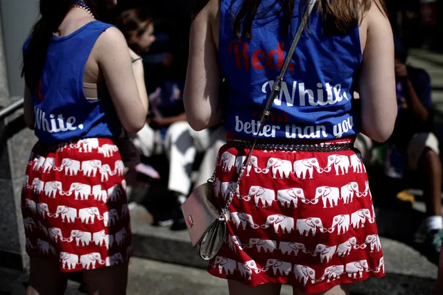 Women wear patriotic outfits as they arrive at the Republican National Convention in Cleveland, Ohio, U.S., July 20, 2016. (Photo by Mike Segar/Reuters)