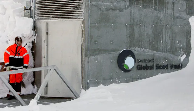 A guard stands watch outside the Global Seed Vault before the opening ceremony in Longyearbyen February 26, 2008. (Photo by Bob Strong/Reuters)
