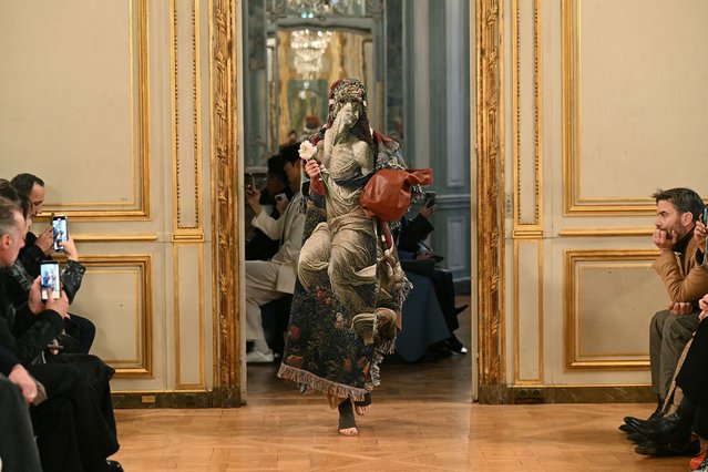 A model presents a creation by Rokh for the Women Ready-to-wear Fall-Winter 2024/2025 collection as part of the Paris Fashion Week, in Paris on March 4, 2024. (Photo by Miguel Medina/AFP Photo)