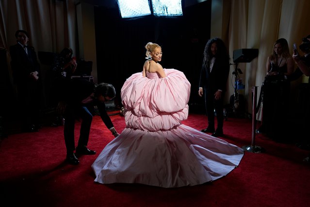 American singer-songwriter Ariana Grande arrives at the Oscars on Sunday, March 10, 2024, at the Dolby Theatre in Los Angeles. (Photo by John Locher/AP Photo)