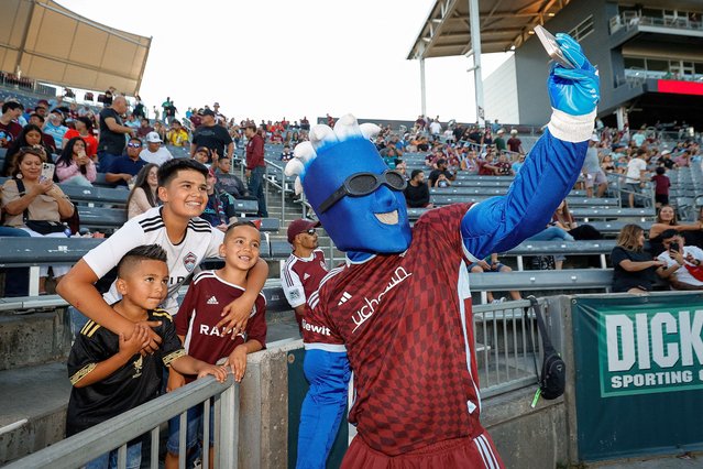 Colorado Rapids mascot Rapid Man with fans before the match against Club Tijuana at DICK'S Sporting Goods Park in Commerce City, CO on August 3, 2025. (Photo by Isaiah J. Downing/Reuters)