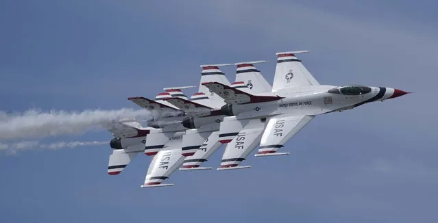 The United States Air Force Precision Demonstration team the THUNDERBIRDS. 2023 Point Mugu Air Show at Naval Base Ventura County (NBVC), Point Mugu, Ventura County, CA, USA on March 17, 2023. (Photo by Scott Mitchell/ZUMA Press Wire/Rex Features/Shutterstock)
