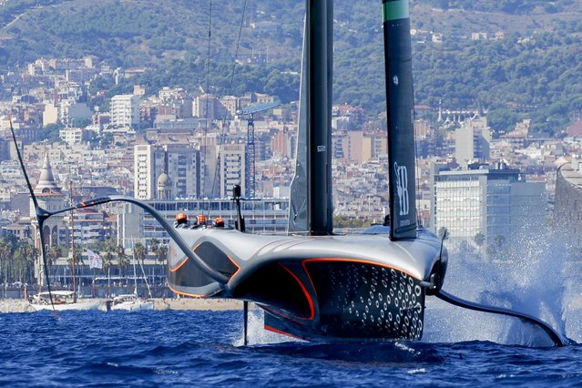 Ineos Britannia's AC75 boat sails during a semi-final America's Cup Regatta ahead of the 37th America's Cup sailing race along the Barcelona's coast, Spain, Saturday, September 14, 2024. (Phoot by Joan Monfort/AP Photo)