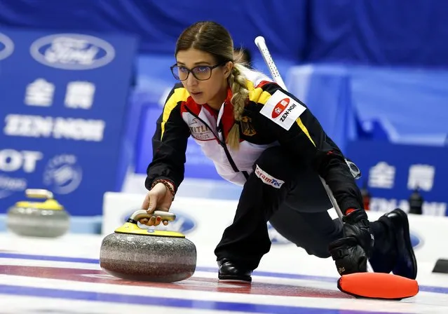 Germany's skip Daniela Driendl delivers a stone during her curling round robin game against Finland during the World Women's Curling Championships in Sapporo March 16, 2015. (Photo by Thomas Peter/Reuters)