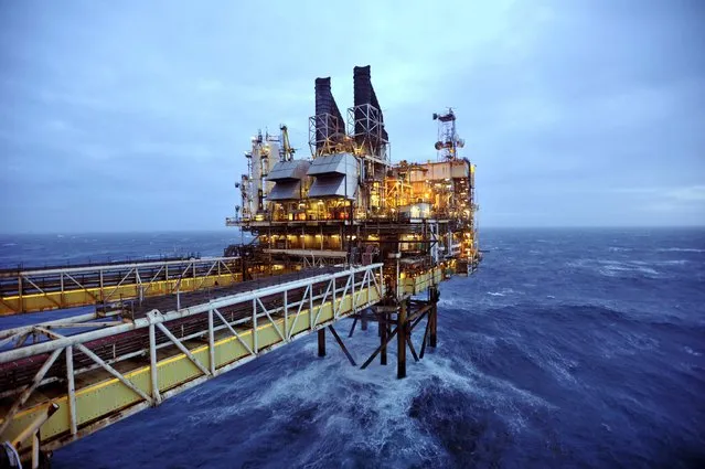 A section of the BP Eastern Trough Area Project (ETAP) oil platform is seen in the North Sea, around 100 miles east of Aberdeen in Scotland, in this February 24, 2014 file photo. BP is expected to report Q4 results this week. (Photo by Andy Buchanan/Reuters)