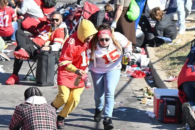 Fans leave the area after shots were fired after the celebration of the Kansas City Chiefs winning Super Bowl LVIII in Kansas City, MO on February 14, 2024. (Photo by David Rainey/USA TODAY Sports)