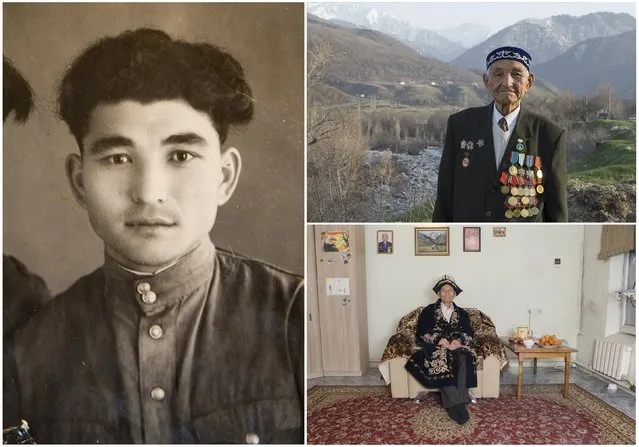 World War Two veteran Kustavlet Tasybayev, 90, is seen in an undated handout picture (L), posing against the backdrop of mountains on the  outskirt of the town of Talgar (Top R) and at home, in Kazakhstan April 11, 2015. Tasybayev served in the infantry of the Soviet Union army from November 1943 until October 1950. Originally from Kazakhstan, the end of World War Two found him in the far eastern town of Port Arthur. (Photo by Shamil Zhumatov/Reuters/Family handout (L))
