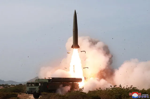 This Saturday, May 4, 2019, photo provided on Sunday, May 5, 2019, by the North Korean government shows a test of weapon systems, in North Korea. North Korean state media on Sunday said leader Kim Jong Un observed live-fire drills of long-range multiple rocket launchers and unspecified tactical guided weapons, a day after South Korea’s military detected the North launching several unidentified short-range projectiles into the sea off its eastern coast. Independent journalists were not given access to cover the event depicted in this image distributed by the North Korean government. The content of this image is as provided and cannot be independently verified. Korean language watermark on image as provided by source reads: “KCNA” which is the abbreviation for Korean Central News Agency. (Photo by Korean Central News Agency/Korea News Service via AP Photo)