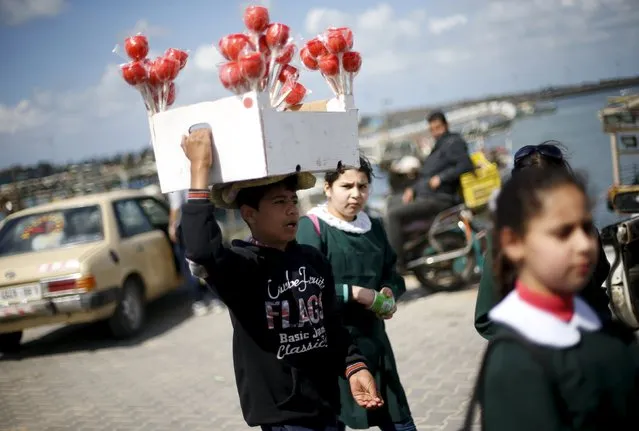 Palestinian boy Haitham Khzaiq, 16, who quit school six months ago, sells sweet-topped apples at the Seaport of Gaza City March 17, 2016. Khzaiq, whose father is unemployed, earns 20 Shekels ($5.1) per working day and he is the sole breadwinner of his family. He hoped to be an architect engineer. (Photo by Mohammed Salem/Reuters)