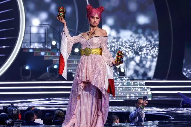 Miss Japan, Juri Watanabe, appears on stage during the national costume presentation of the 70th Miss Universe beauty pageant in Israel's southern Red Sea coastal city of Eilat on December 10, 2021. (Photo by Menahem Kahana/AFP Photo)