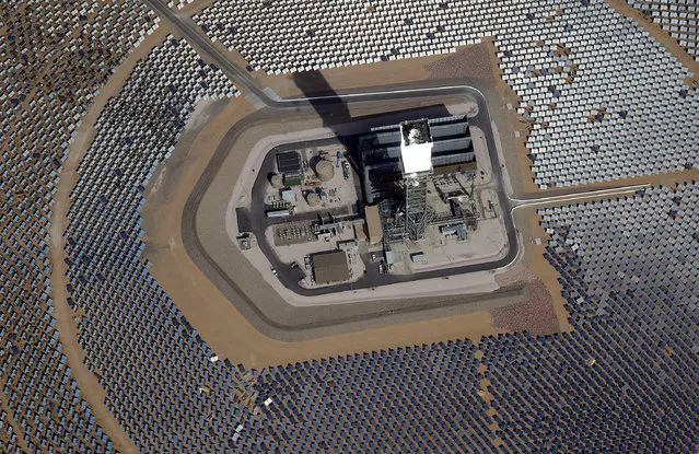 The Ivanpah Solar Electric Generating System is seen in an aerial view on February 20, 2014 in the Mojave Desert in California near Primm, Nevada. (Photo by Ethan Miller/Getty Images)