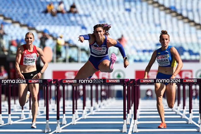 France's Auriana Lazraq-Khlass competes in the women's heptathlon 100m hurdles heat during the European Athletics Championships at the Olympic stadium in Rome on June 7, 2024. (Photo by Anne-Christine Poujoulat/AFP Photo)