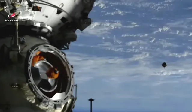 In this image taken from video footage released by the Roscosmos Space Agency, the Soyuz MS-21 space ship, right, approaches the International Space Station, ISS, during docking to the station, Friday, March 18, 2022.  The head of Russia’s space program says the future of the International Space Station hangs in the balance after the United States, the European Union and Canadian space agencies missed a deadline to meet Russian demands for lifting sanctions on Russian enterprises and hardware. (Photo by Roscosmos Space Agency via AP Photo)