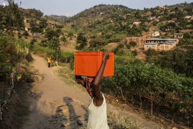 A young girl carries a crate of beer bottles on her head in in the suburb of the capital Bujumbura, Burundi, 21 July 2015. Burundians voted on 21 July in a controversial presidential election, boycotted by the opposition and marred by violence. Witnesses reported gunfire and grenade explosions overnight. A police spokesman declined to immediately comment on reports that a police officer and a civilian had been killed in clashes. (Photo by Will Swanson/EPA)