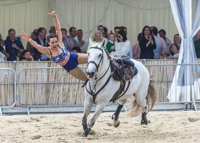 The Knights of Middle England equestrian stunt display team perform ahead of the first match on July 13, 2024. The British Beach Polo Championships, or “sand polo”, returns to the exclusive Sandbanks peninsula near Poole, Dorset. Spectators can appreciate the horsemanship, speed and gladiatorial nature of polo at the largest beach polo event in the world. (Photo by Max Willcock/Bournemouth News)