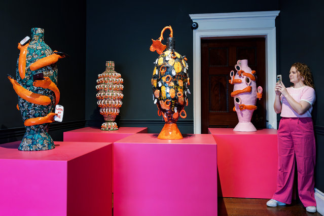 Colourful vases by feature in “Create/ Elevate”, Harewood House's art Biennial in UK on August 14, 2024. For the festival, Somers created a sculpture entitled “Eye of the Beholder” which offers a critical reflection on Harewood's Sèvres porcelain collection. (Photo by James Glossop/The Times)