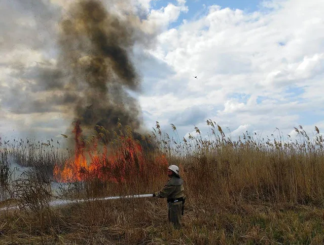 This handout picture released by Ukraine Emergency Service on July 18, 2022, shows firefighter puting out a fire on a wheat field burned as a result of shelling in Kherson region, amid Russian military invasion of Ukraine. (Photo by Ukraine Emergency Ministry Press Service/Handout via AFP Photo)