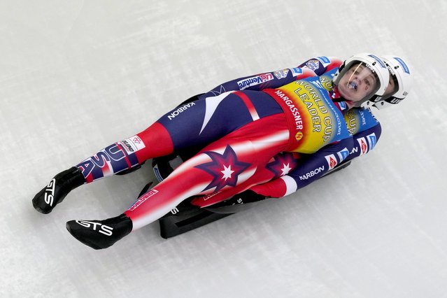 Chevonne Chelsea Forgan and Sophia Kirkby of the United States compete during the women's sprint race at the Luge World Cup in Igls near Innsbruck, Austria, Saturday, December 7, 2024. (Photo by Matthias Schrader/AP Photo)
