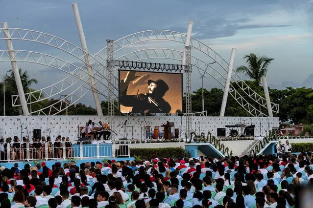 An image of Fidel Castro is displayed during the 69th anniversary celebration of the Moncada Barracks assault in Cienfuegos, Cuba, Tuesday, July 26, 2022. Cuba marks the anniversary of the 1953 rebel attack led by Fidel and Raul Castro on the Moncada military barracks, considered the start of Fidel Castro's revolution that culminated with dictator Fulgencio Batista's ouster. (Photo by Ramon Espinosa/AP Photo)