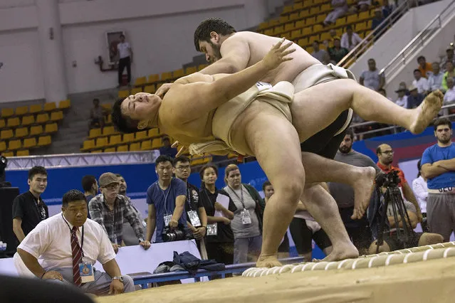 Junior competitors wrestle during the 2016 World Sumo Championship on July 30, 2016 in Ulaanbaatar, Mongolia. (Photo by Taylor Weidman/Getty Images)
