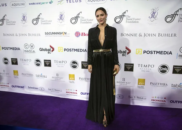 Katharine McPhee arrives for the David Foster Foundation 30th Anniversary Miracle Gala and Concert, in Vancouver, British Columbia, Saturday, October 21, 2017. (Photo by Darryl Dyck/The Canadian Press via AP Photo)