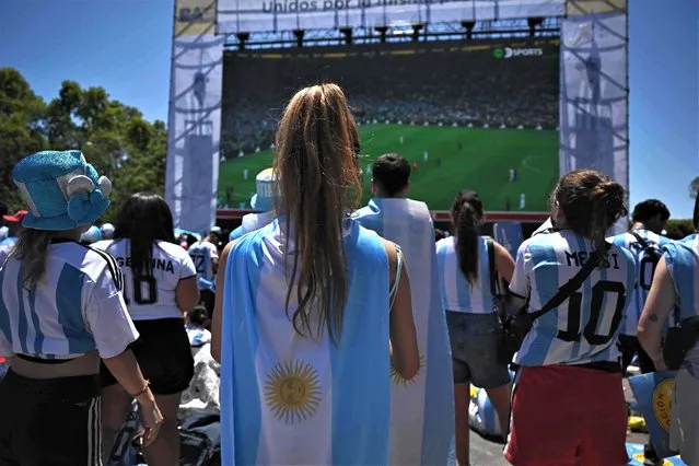 Fans of Argentina react while watching the live broadcast of the Qatar 2022 World Cup final football match between Argentina and France in Buenos Aires, on December 18, 2022. (Photo by Luis Robayo/AFP Photo)