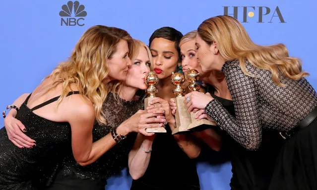 Laura Dern, from left, Nicole Kidman, Zoe Kravitz, Reese Witherspoon and Shailene Woodley pose in the press room with the award for best television limited series or motion picture made for television for “Big Little Lies” at the 75th annual Golden Globe Awards at the Beverly Hilton Hotel on Sunday, January 7, 2018, in Beverly Hills, Calif. (Photo by Mike Nelson/EPA/EFE)