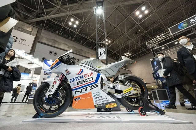 A motorcycle ridden during a Moto2 race in 2019 by Dutch rider Bo Bendsneyder, which used engine parts from 3D printing technology by Japanese company NTT Data XAM Technologies, sits on display at the International Nanotechnology Exhibition and Conference, or Nano Tech 2023, at Tokyo Big Sight in Tokyo on February 3, 2023. (Photo by Richard A. Brooks/AFP Photo)