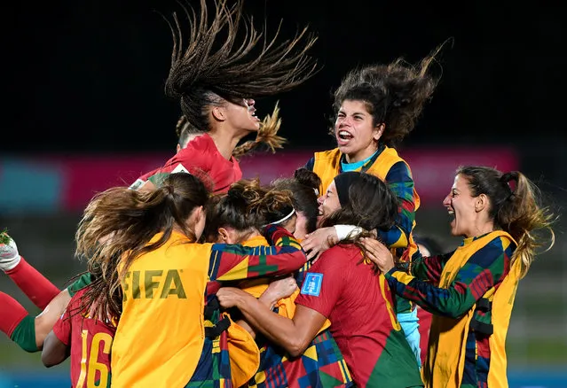 Portugal's players celebrate scoring during a group A play-off tournament match between Portugal and Cameroon for the FIFA Women's World Cup Australia and New Zealand 2023 at the Waikato Stadium in Hamilton, New Zealand on February 22, 2023. (Photo by Xinhua News Agency/Rex Features/Shutterstock)
