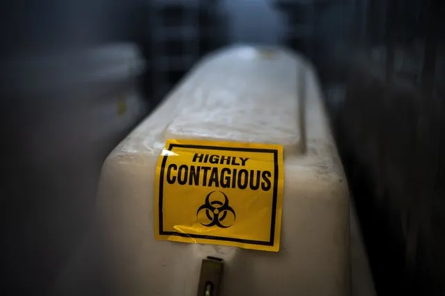 A sealed coffin containing the remains of a COVID-19 victim is stored in a refrigerated container in Johannesburg, Tuesday, February 2, 2021, one day after South Africa gave a hero's welcome to the delivery of its first COVID-19 vaccines – 1 million doses of the AstraZeneca vaccine produced by the Serum Institute of India. (Photo by Jerome Delay/AP Photo)