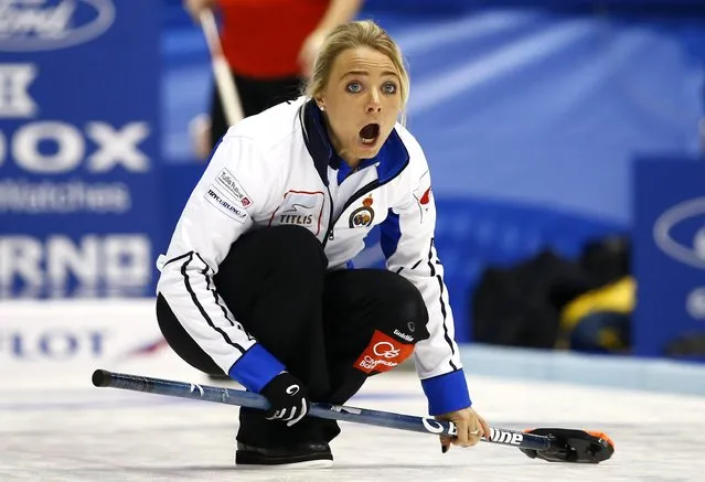 Scotland's 3rd Anna Sloan shouts to her team mates during her team's curling round robin game against Denmark at the World Women's Curling Championships in Sapporo March 14, 2015. (Photo by Thomas Peter/Reuters)