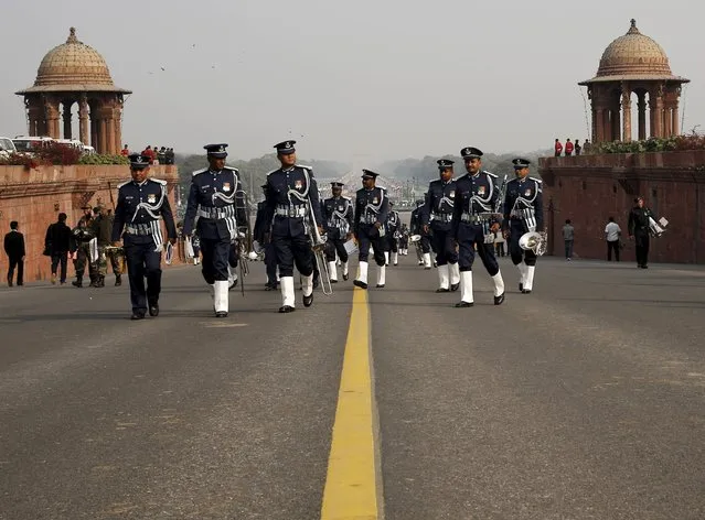 Members of the Indian military band walk after taking part in a rehearsal for the “Beating the Retreat” ceremony in New Delhi, India, January 27, 2016. (Photo by Anindito Mukherjee/Reuters)
