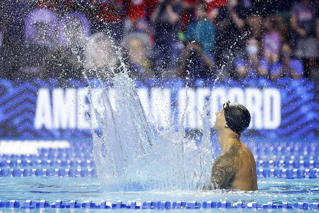 Caeleb Dressel of the United States reacts after setting an American Record in the Men's 50m freestyle final during Day Eight of the 2021 U.S. Olympic Team Swimming Trials at CHI Health Center on June 20, 2021 in Omaha, Nebraska. (Photo by Maddie Meyer/Getty Images)