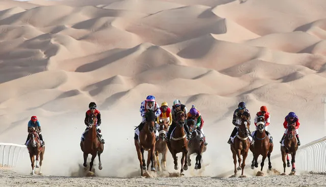Jockeys compete in a race for purebred Arab horses during the Liwa 2019 Moreeb Dune Festival in the Liwa desert, some 250 kilometres west of the Gulf Emirate of Abu Dhabi, during the Liwa 2019 Moreeb Dune Festival on January 1, 2019. The festival, which attracts participants from around the Gulf region, hosts a variety of races including cars, bikes, falcons, camels and horses, alongside other activities aimed at promoting the country's folklore. (Photo by Karim Sahib/AFP Photo)