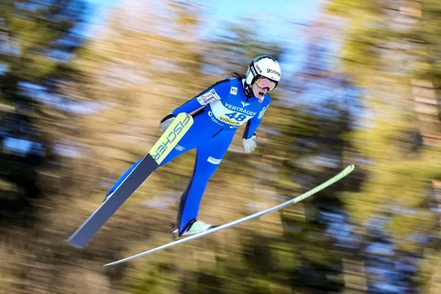 Slovenia's Nika Kriznar competes at the Women Normal Hill Individual Ski Jumping World Cup event in Villach, Austria, Thursday, January 4, 2024. (Photo by Darko Bandic/AP Photo)