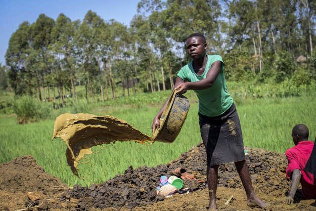 Annet Aita, whose job is to wash sandy soil in which gold dust is trapped and extract it using highly toxic mercury, works at a gold mining site in the village of Mawero, on the outskirts of Busia town, in eastern Uganda on Monday, October 18, 2021. A typical day can bring in just over $2, enough for a child to buy a pair of used shoes. But work also provides a refuge. Aita said she felt more fortunate than some friends who “got pregnancies at home”. (Photo by Nicholas Bamulanzeki/AP Photo)