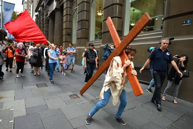 24-year-old student Brendan Paul depicting himself as Jesus Christ carries a cross in a re-enactment from the bible, on Good Friday in Sydney on March 25, 2016. Good Friday, part of the Easter weekend is a Christian religious holiday commemorating the crucifixion of Jesus Christ and his death and is a public holiday throughout Australia. (Photo by Peter Parks/AFP Photo)