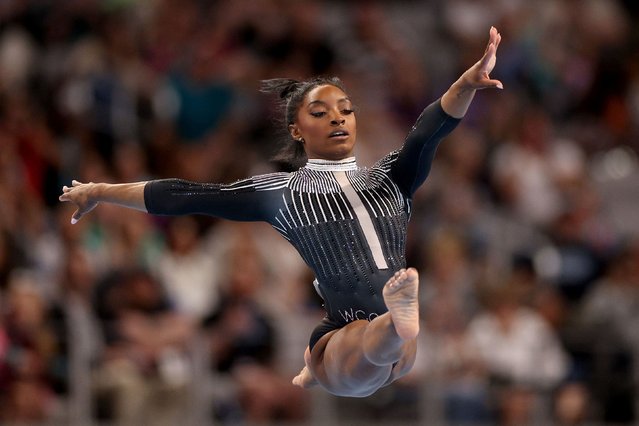 Simone Biles competes in the floor exercise at the US Gymnastics Championships on Friday, May 31, 2024. She would later win a record-extending ninth national title in the all-around. (Photo by Elsa/Getty Images)