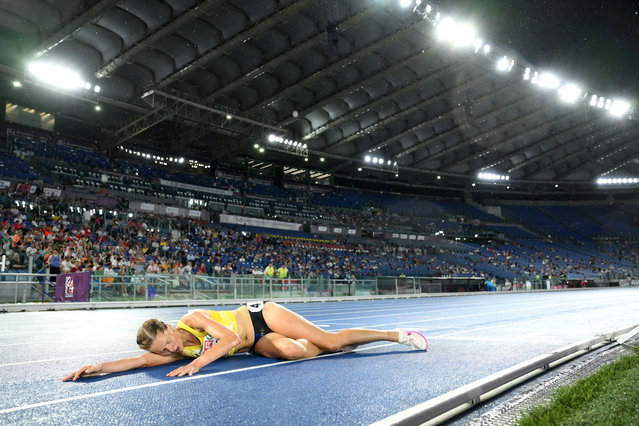 Linn Soderholm of Team Sweden reacts after crossing the finish line in the Women's 3000 Metres Steeplechase Final on day three of the 26th European Athletics Championships - Rome 2024 at Stadio Olimpico on June 09, 2024 in Rome, Italy.  (Photo by David Ramos/Getty Images)