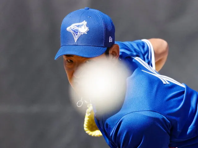 Toronto Blue Jays pitcher Yusei Kikuchi (16) throws a bullpen session during workouts at Toronto Blue Jays Player Development Complex in Dunedin, FL on March 17, 2022. (Photo by Nathan Ray Seebeck/USA TODAY Sports)